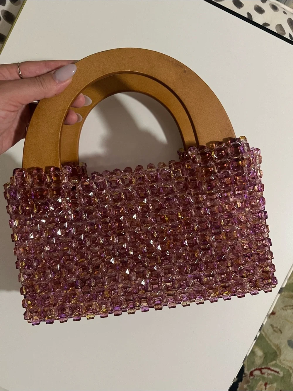 Handmade Beaded Purple Mini Tote Bag with Wooden Handles